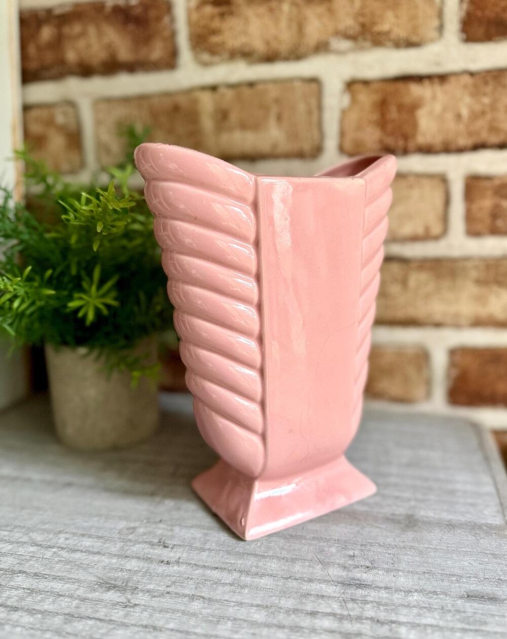 Vintage Pink Fluted Wing Vase | Art Deco Ribbed Pottery Vase | 9 Inch